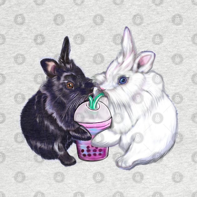 Boba bunnies - bunny rabbits sipping bubble tea - pair of cute furry ebony and snow colored coloured lionhead bunny rabbit by Artonmytee